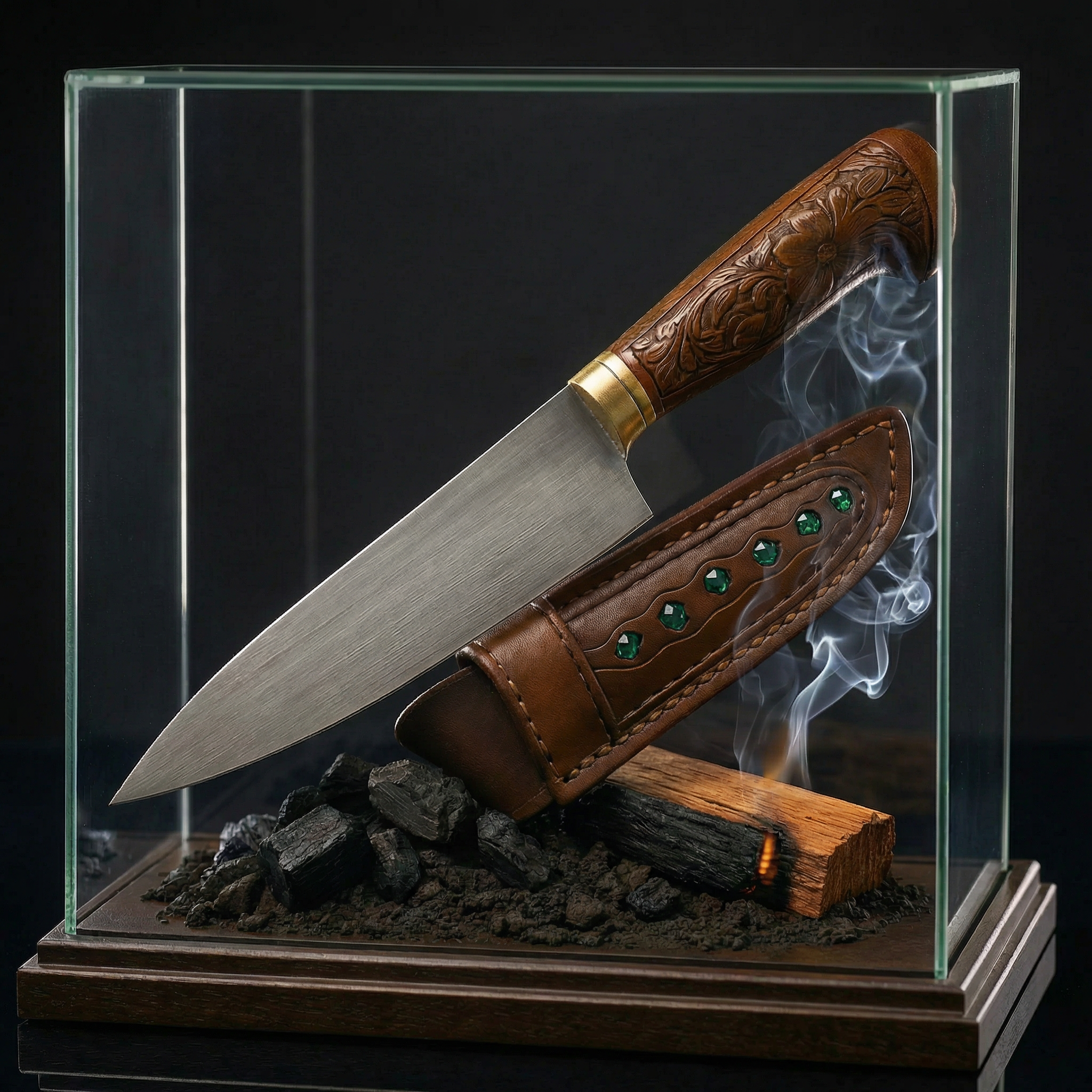 Cuchillo Dorado — Trofeo artesanal del festival A Comer Gourmet, construido con materiales emblemáticos de Boyacá